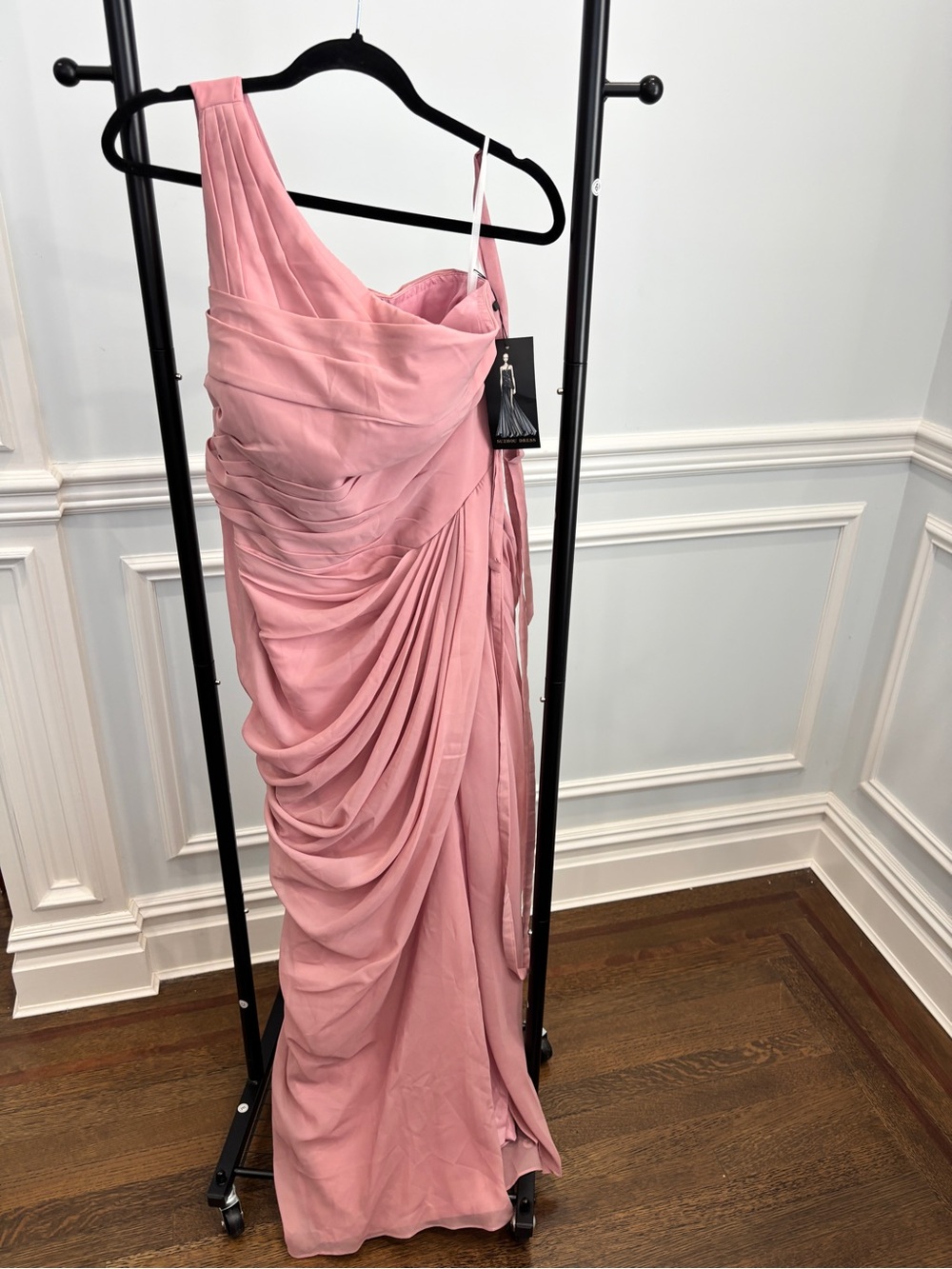 One-Shoulder Pink Draped Evening Gown